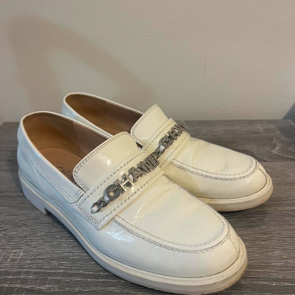 CHANEL white loafers